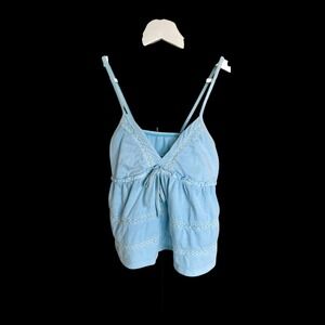 Y2K 2000s Vintage Baby Blue Fringe Velvet Velour Cami Top Tank Top Sm/Med